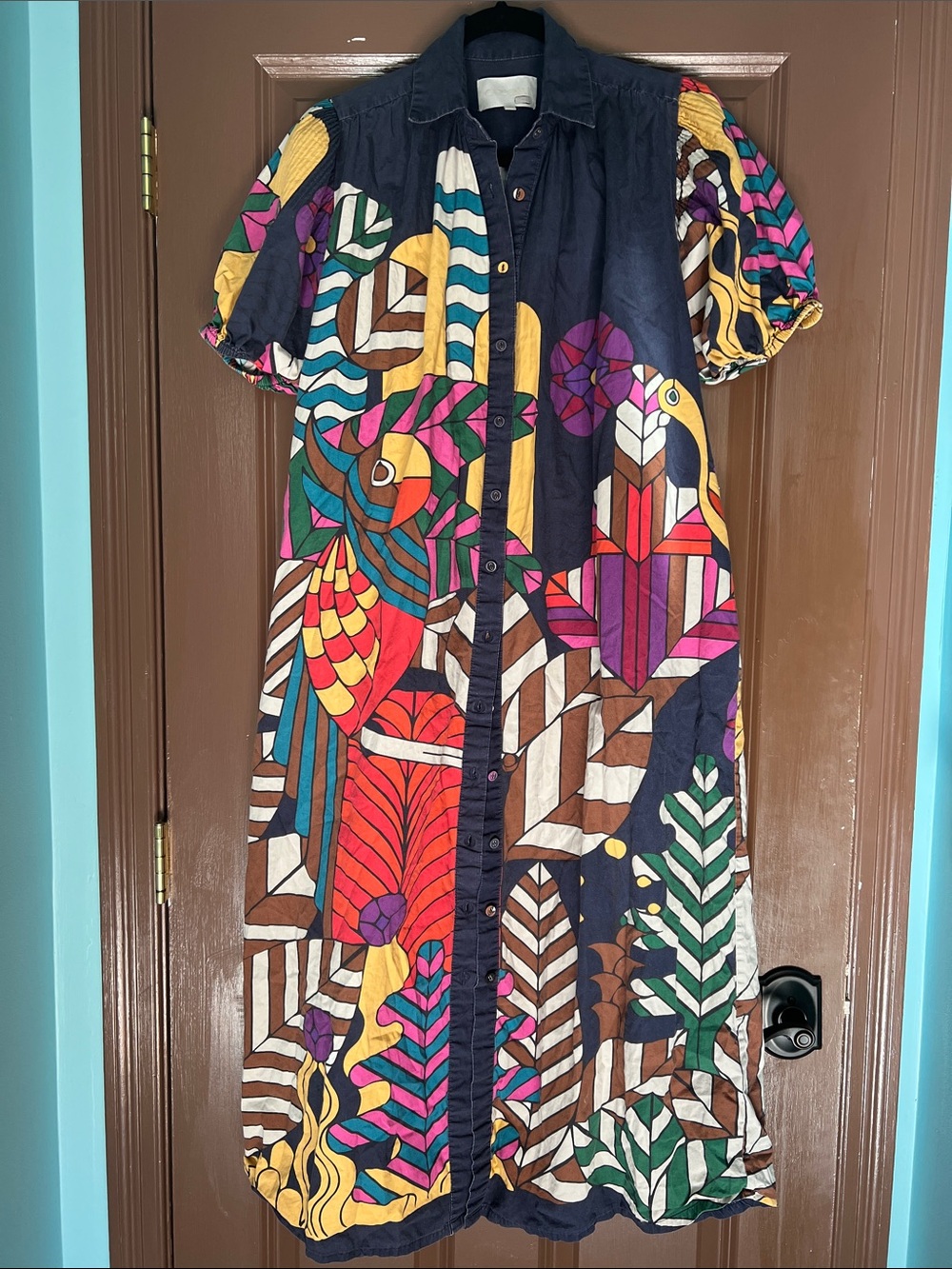 Carolina K Tropical Print Caftan Kaftan Dress - Navy Multicolor XS